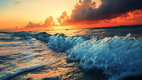 Ocean wave foreground reflects fiery orange sunset sky