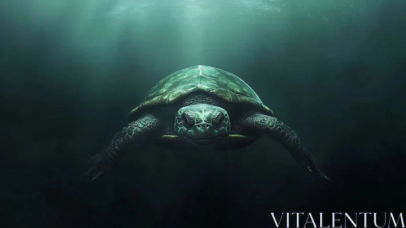 Solitary sea turtle in dim underwater green environment.