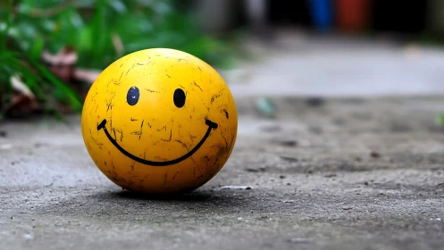 Weathered smiley ball quietly beams on a forgotten path
