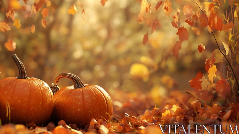 Pumpkins resting on autumn leaves in warm afternoon light.