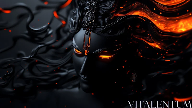 Volcanic-eyed obsidian deity with fluid thermoplastic hair.