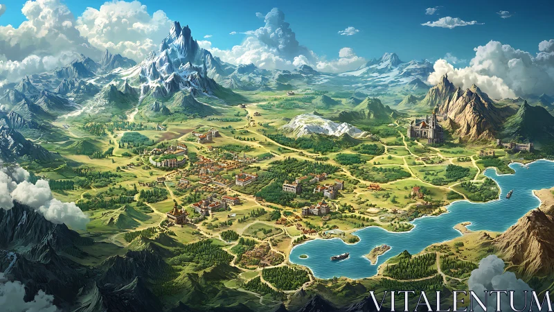 Fantasy kingdom world map in panoramic digital painting style.