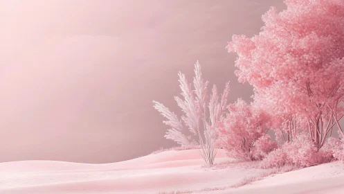 Soft pink dreamscape of dunes and cotton candy trees.