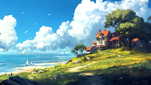 Coastal Estate With Orange Roof Positioned Above Beach Adjacent to Ocean