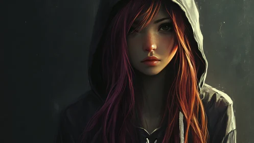 Digital painting portrait of hooded girl in moody chiaroscuro.