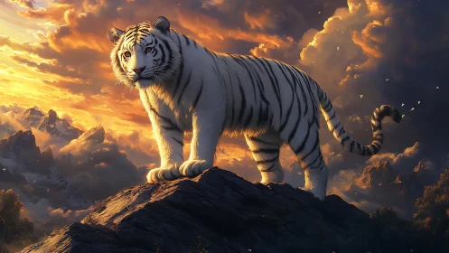 Majestic white tiger surveys a blazing mountain sunset sky