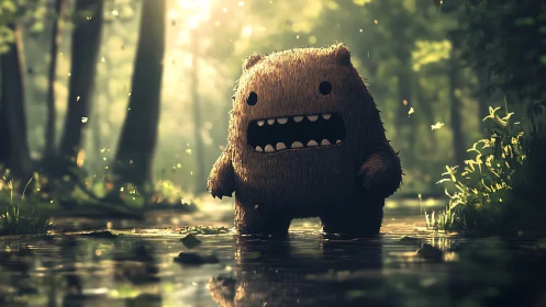 Furry forest creature explores a glowing enchanted stream.