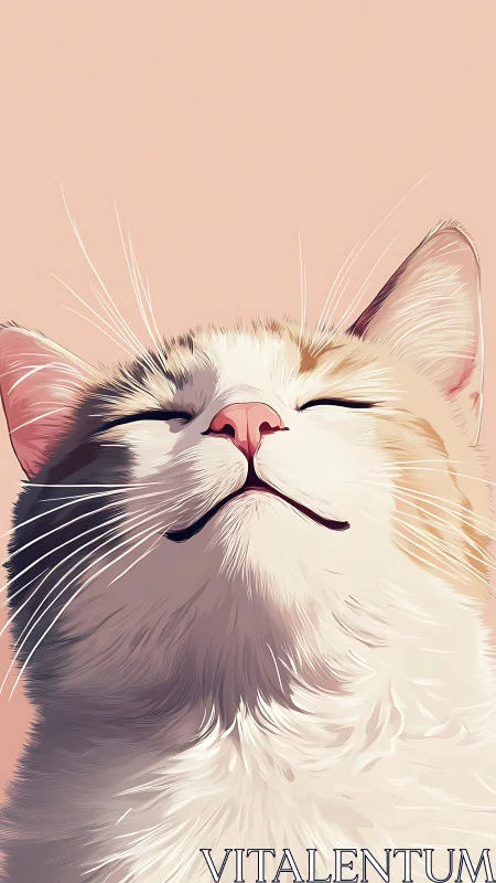 Blissful White Cat with Eyes Closed in Soft Pink Palette