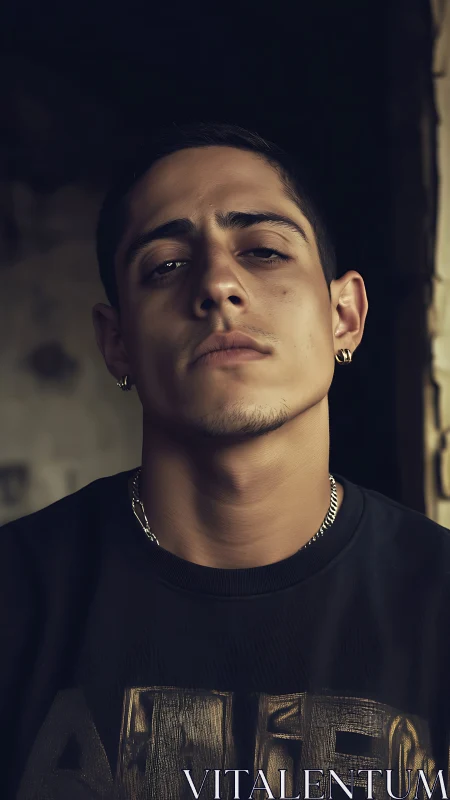 Young man stares directly at camera in dim interior lighting