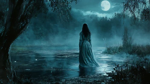 Moonlit spectral figure stands in flooded forest clearing under mist