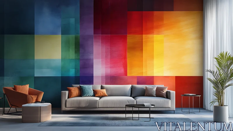 Geometric color-block mural dominates a modern living room wall