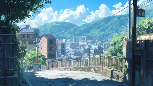 Anime hillside street vista with layered urban valley composition.