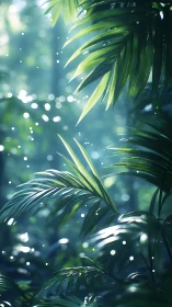 Sunlit Palm Fronds with Bokeh Light Particles