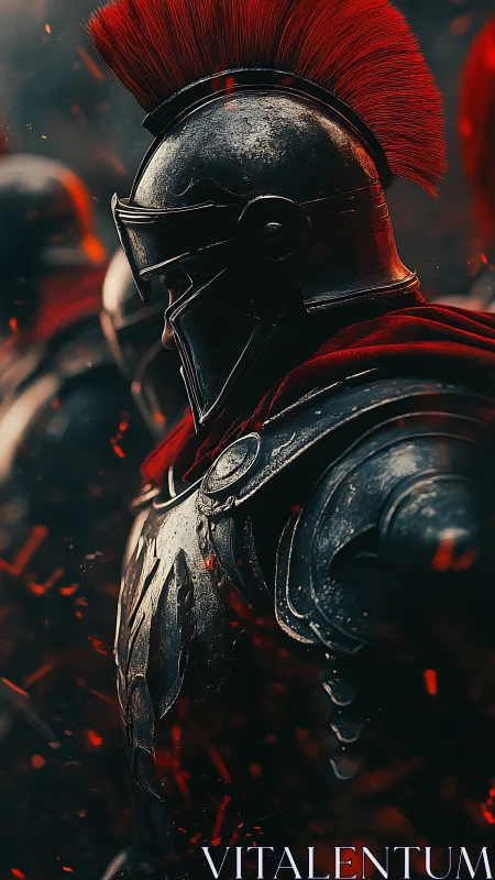 Crimson-crested legionary in ember-lit battle armor portrait.