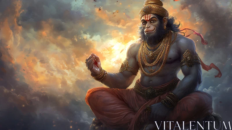 Hanuman deity seated in sky with glowing background.