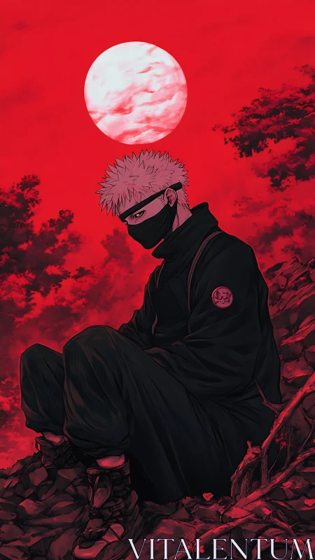 Masked anime loner under large red moon at dusk.