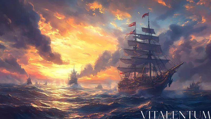 Tall ships under dramatic sunset sky on open ocean waters.