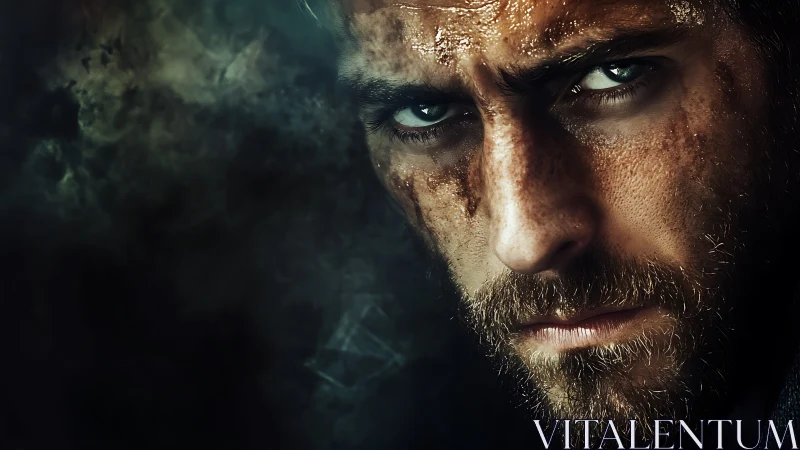 Storm-eyed survivor emerging from shadow and ember smoke.