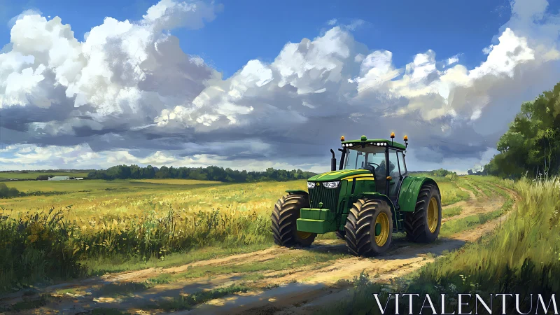 Sunlit green tractor rolls calmly across open farm fields