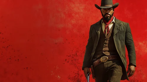 Gun-slinging cowboy strides across a blazing red frontier.