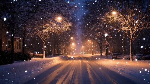 Snow covered city street under warm night streetlights.