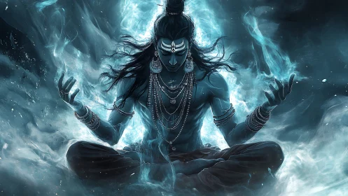 Blue cosmic deity meditates within swirling astral fire.