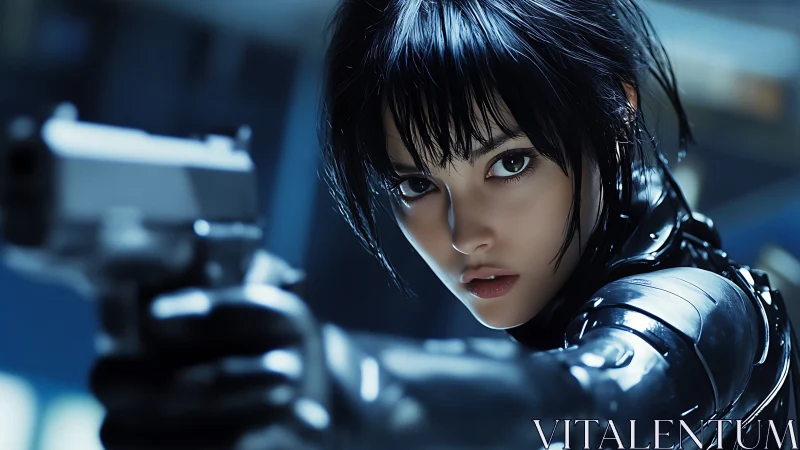 Cybernetic woman points handgun directly toward the viewer