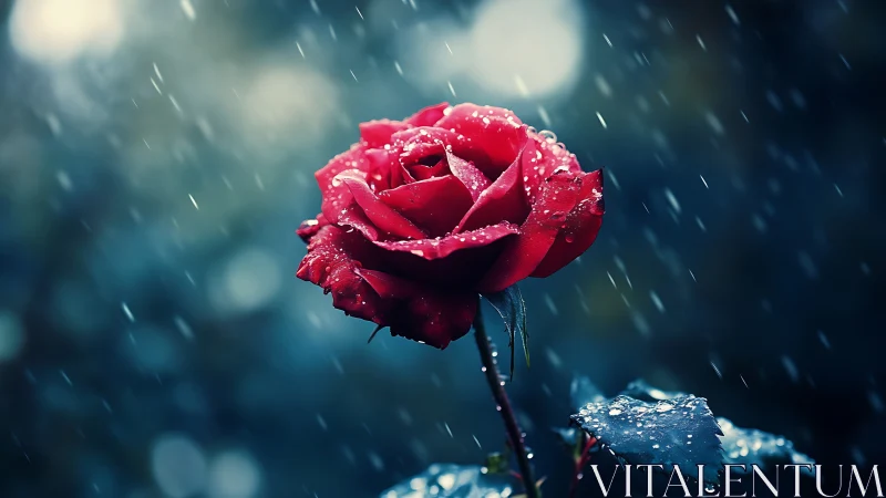 Single red rose stands in rainfall with dark blurred background