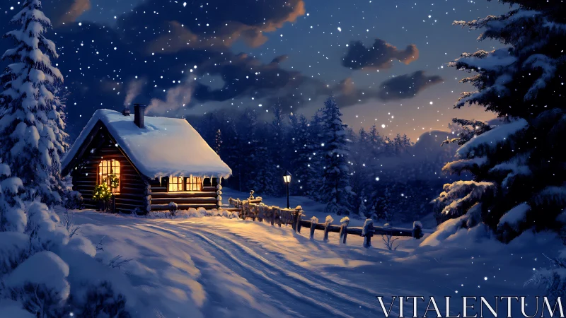 Snowy cabin at dusk with glowing windows and trees.