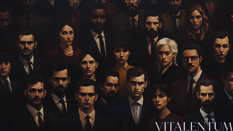 Dense corporate group portrait under low-key chiaroscuro lighting.