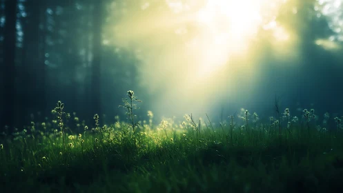 Backlit forest clearing with dew-lit grass in morning haze
