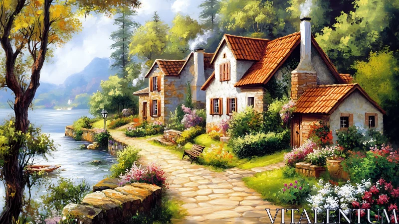 Lakeside cottage path wrapped in sunlight and blooming color.