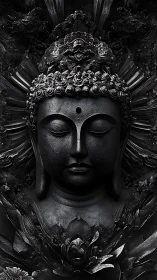 Monochrome Buddha sculpture with ornate floral reliefs.