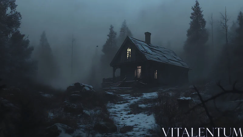 Lonely cabin glows faintly amid a frozen, fog-filled forest night