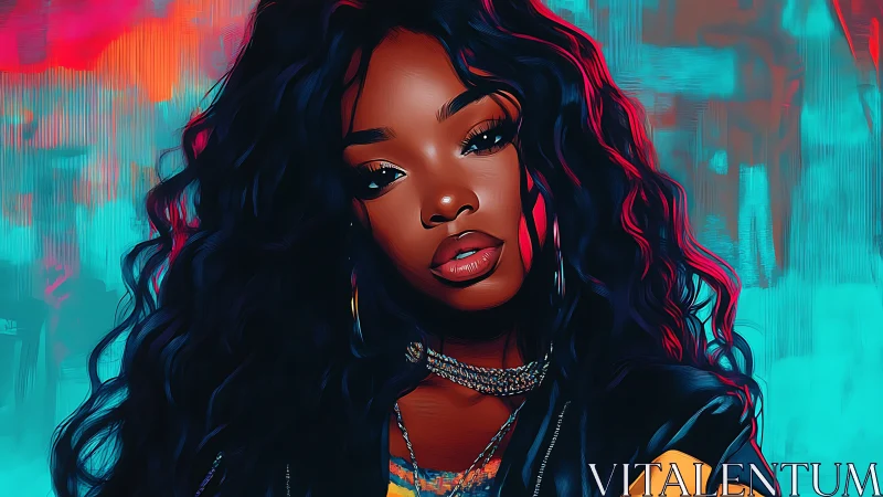 Chromatic portrait of neon-lit woman in high-saturation digital style.