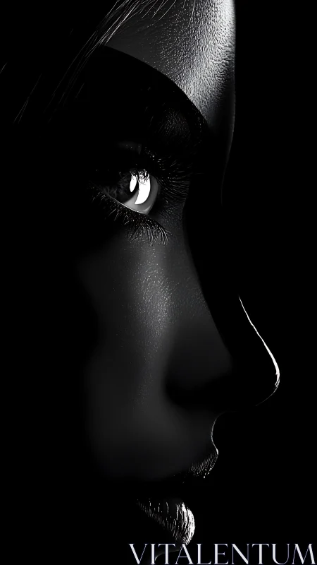 Monochrome side profile of female face in hard contrast light.