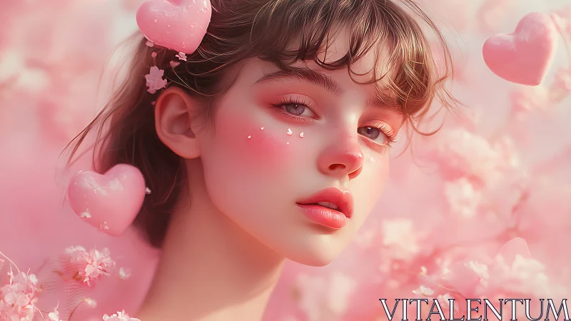Digital portrait of young woman in pink floral environment.