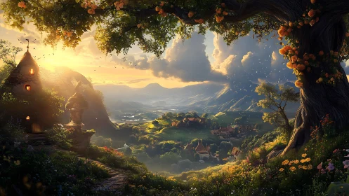 Sunlit valley village unfolds beneath ancient flowering tree.
