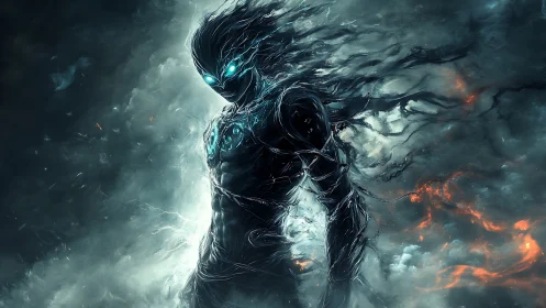 Storm-forged energy wraith stands amid swirling cosmic fire