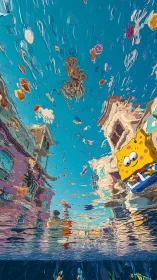 Surreal underwater city warps around a playful cartoon float