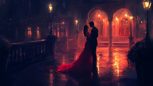 Figures in Architectural Courtyard with Luminous Amber Lighting.