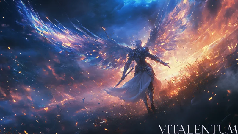 Radiant skyborn guardian strides through a burning dawn.