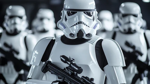 Stormtrooper squad stands in formation holding blaster rifles