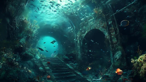 Sunken archways whisper as fish glide through glowing ruins