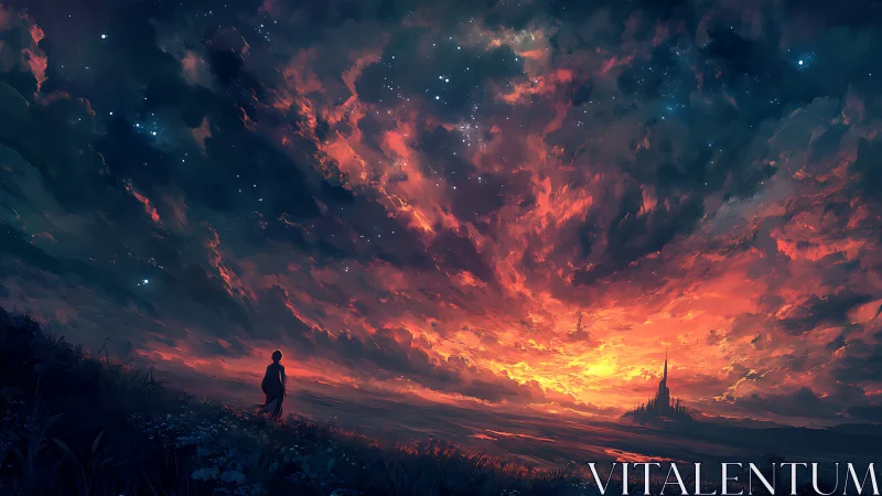 Wanderer Beneath the Inferno Sky of Distant Spires.