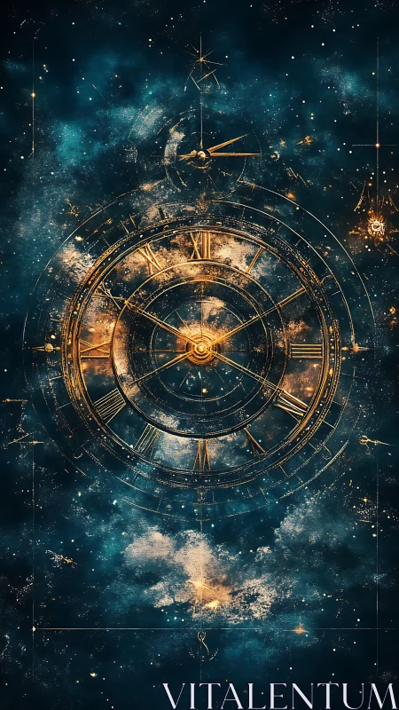 Golden astronomical clock diagram floats within deep starfield