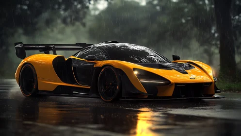 Yellow race car on wet road under rain in forest setting.