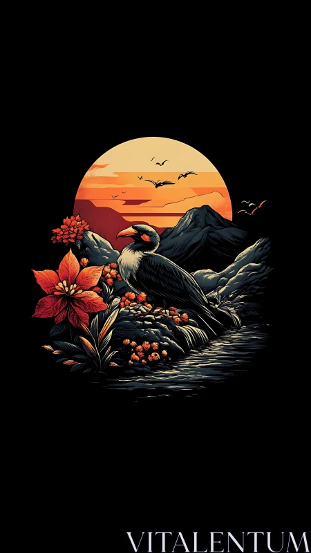 Sunset crow nests in molten gold above ember-bright blooms