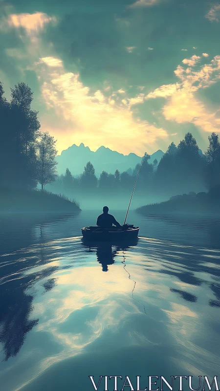 Solitary boat drifts toward misty mountains at serene dawn.
