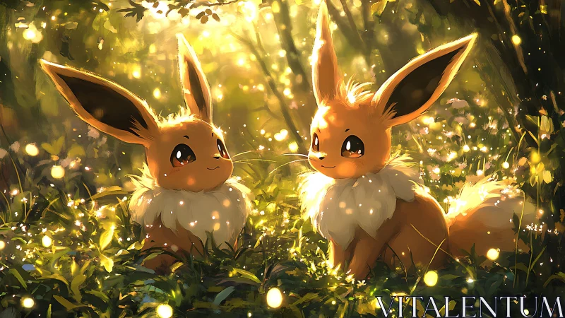 Two fox-like creatures sit in glowing forest clearing